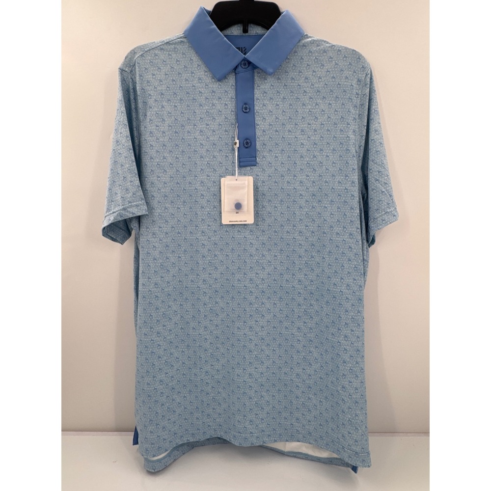 Graham Luxe Odin Mens Blue Champagne Bucket Print Golf Polo Shirt Size M NEW